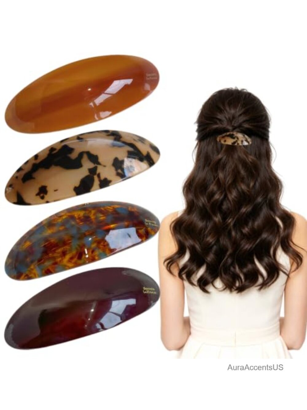 4 French Barrette Hair Clips for Women, Cellulose Acetate, Spring Clip, Large